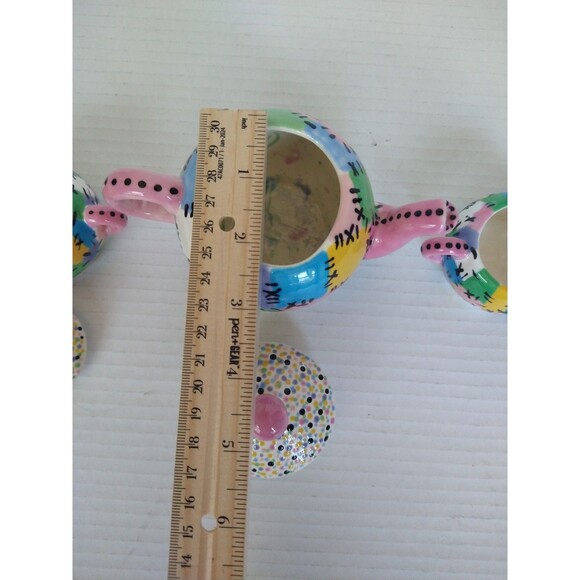 Vintage 2005 Hand Painted Signed Tea Set Pot Sugar Bowl Creamer patchwork - Picture 8 of 16